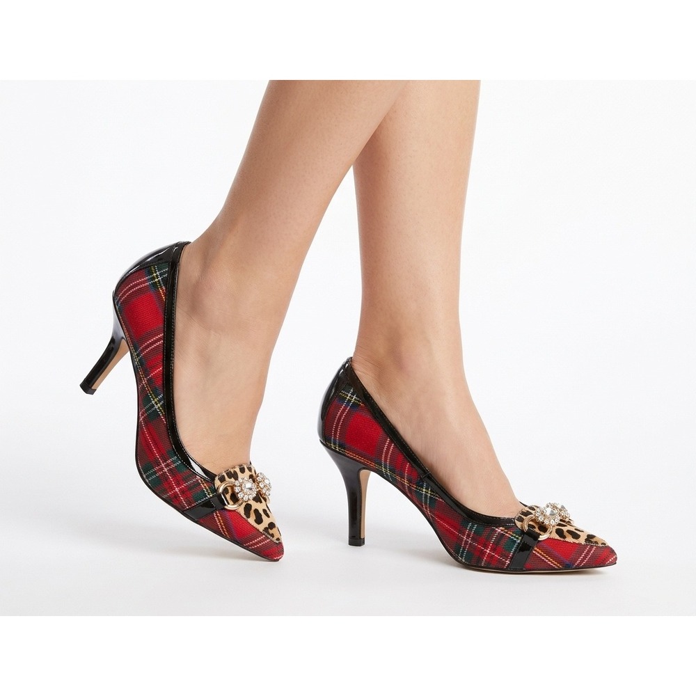 NWOT Beverly Feldman Pumps Red Plaid Leopard Crystal Embellished - 6M
